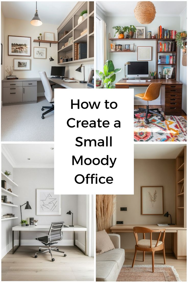 four different pictures with the words how to create a small woody office in white and brown