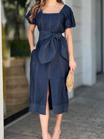 Plain Summer Elegant Polyester Square neck No Elasticity Daily Regular Fit H-Line Denim Dresses for Women Fitted Denim Dress, Short Sleeve Denim Dress, Inexpensive Dresses, Sukienki Plus Size, Elegant Midi Dresses, Denim Midi Dress, Denim Skirt Women, Denim Chic, Sleeves Clothing