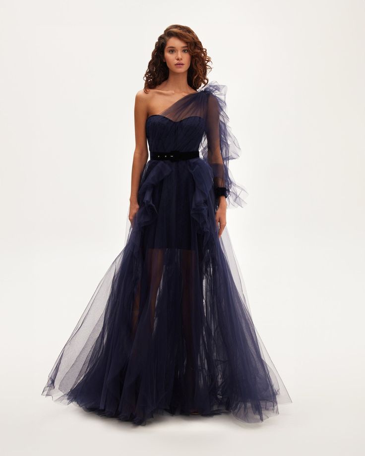 Royal Navy tulle gown with detachable sleeve Organza Evening Dress With Sweep Train, Ruffled Gown For Gala Evening, Evening Organza Dress With Sweep Train, Organza Evening Dress With Detachable Train For Gala, Organza Evening Dress With Sheer Sleeves, Evening Floor-length Organza Gown, Evening Organza Floor-length Gown, Floor-length Organza Evening Gown, Party Ball Gown With Detachable Train