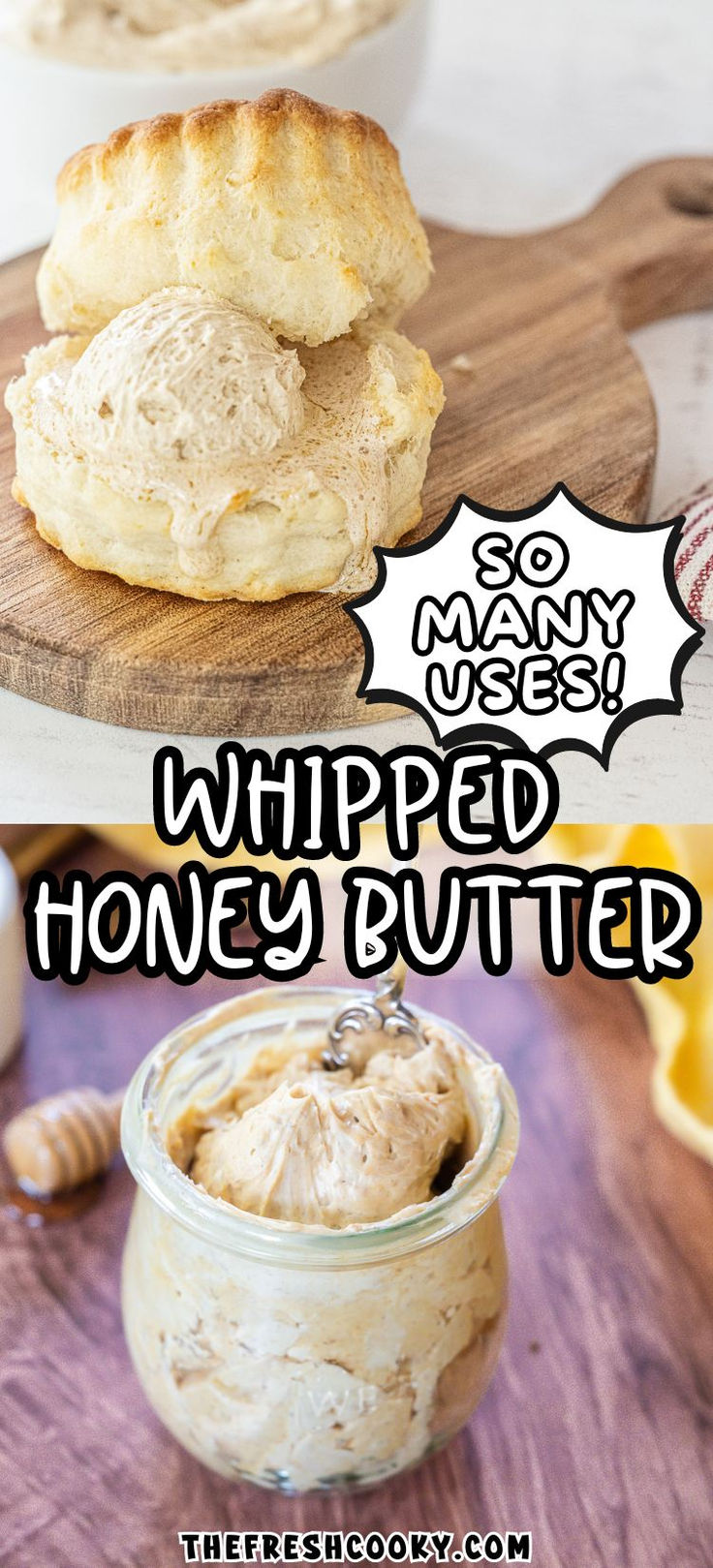 A fresh hot biscuit with a scoop of whipped honey butter on top and in a jar with a spreader. Making Flavored Butter, Jim N Nicks Honey Butter Recipe, Best Honey Butter Recipe, Diy Whipped Butter, Heavy Whipping Cream Butter Recipes, How To Whip Butter, Honey Butter Syrup, Honey Butter Recipe Easy, Honey Cinnamon Butter Recipe