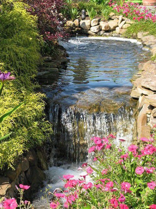 there is a small waterfall in the middle of this garden with flowers growing around it