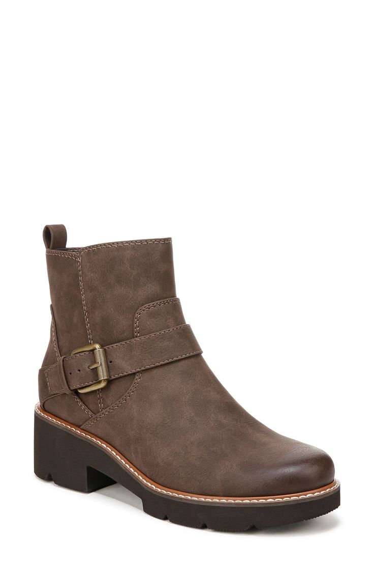 Contour+ technology ensures all-day comfort in this moto-inspired bootie with a buckled strap and toothy lug sole. 2 1/4" heel; 3/4" platform 4 1/2" shaft; 10 1/4" calf circumference Side zip closure Synthetic upper/textile lining/synthetic sole Imported Everyday Boots, Chunky Block Heels, Eva Sole, Womens Ankle Boots, Cabaret, Moto Boots, Lug Sole, Short Boots, Boot Shoes Women