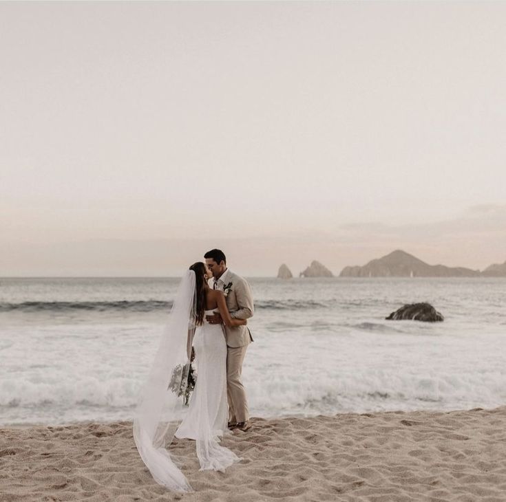 a bride and groom kissing on the beach