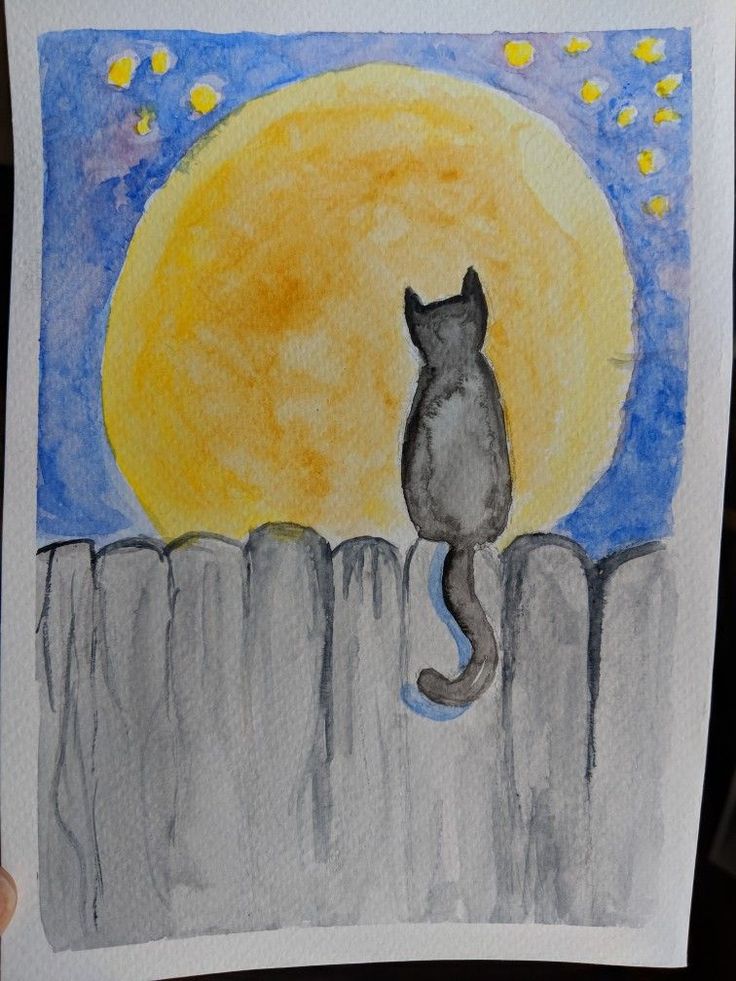 a drawing of a cat sitting on a fence looking at the moon in the sky