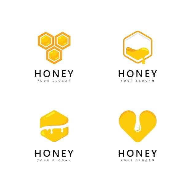 four honey logos with different shapes and colors