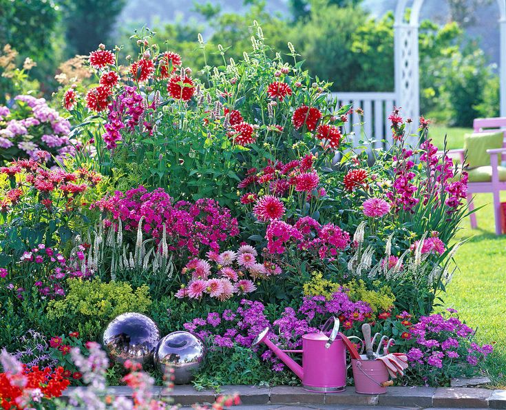 a garden with flowers and watering can in the foreground