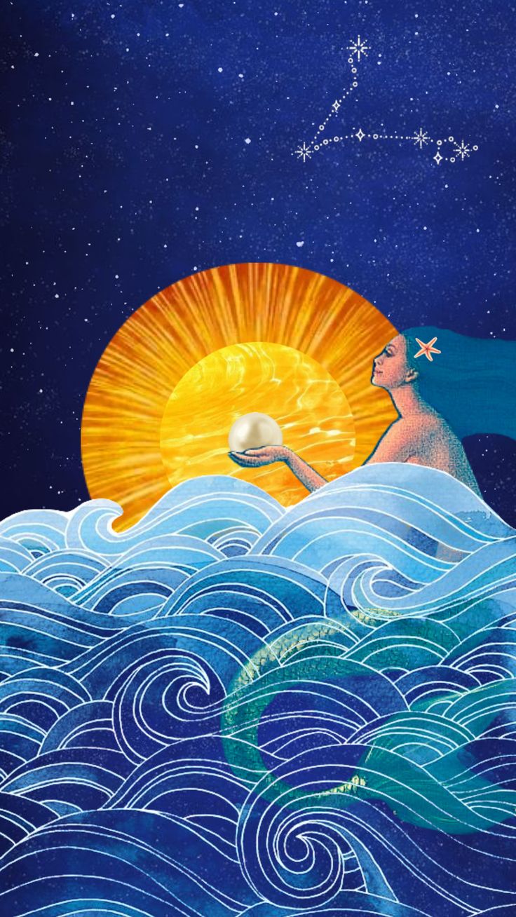 a painting of a man sitting on top of a wave in the ocean with an orange sun above him