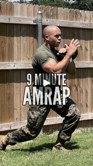 a man is squatting in front of a fence with the words 9 minute amrap on it