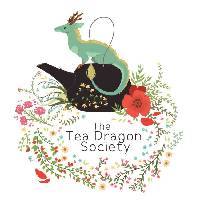 the tea dragon society logo is surrounded by flowers and plants, including an antelope