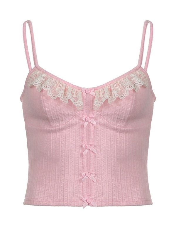 cutiekill-melanie-sweet-bows-camisole-om0306 Lace Spaghetti Strap Top, Streetwear Basics, Chic Tank Tops, Crop Top Pink, Sleeveless Tops Summer, Y2k Fairy, Middle Age Fashion, Women Y2k, E Girl