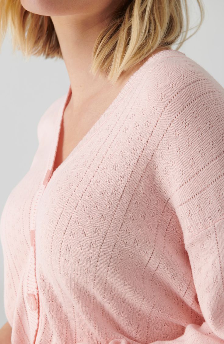 Cozy up to your after-hours in an airy pointelle-knit cotton cardigan that's too pretty to be worn just for lounging. Front button closure V-neck Long sleeves Ribbed cuffs and hem 100% cotton Machine wash, tumble dry Imported Pointelle Outfit, Aw 23, Pointelle Cardigan, Nordstrom Women, Pointelle Knit, Button Front Cardigan, Pink Cardigan, Cotton Cardigan, Cardigan Sweaters For Women