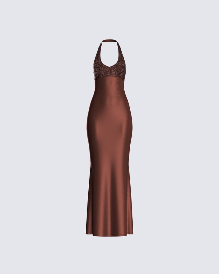 Make the outside just as beautiful as the inside while exuding elegance in this brown halter dress detailed with sequins and a tie-up back 🤎✨ Brown Prom Dress, Brown Halter Dress, Brown Dresses Formal, Black Halloween Dress, Outfits Dress, Prom Dress Inspiration, Pretty Prom Dresses, Dress Gloves, Grad Dresses