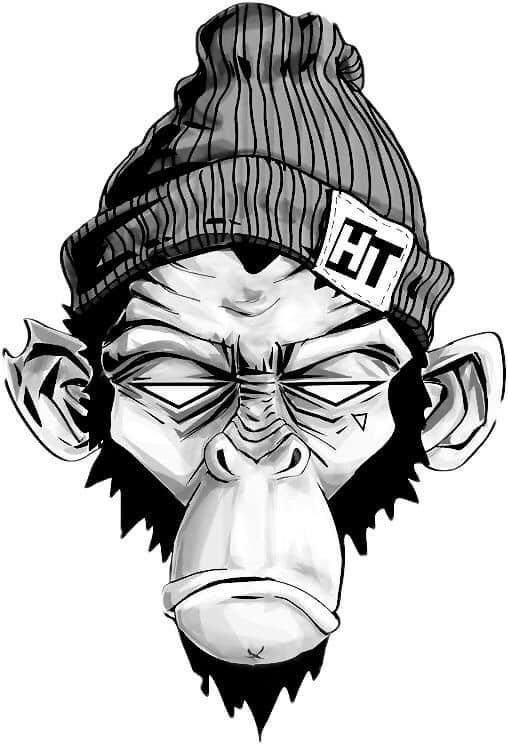 a drawing of a monkey wearing a beanie and looking at the camera with his eyes closed