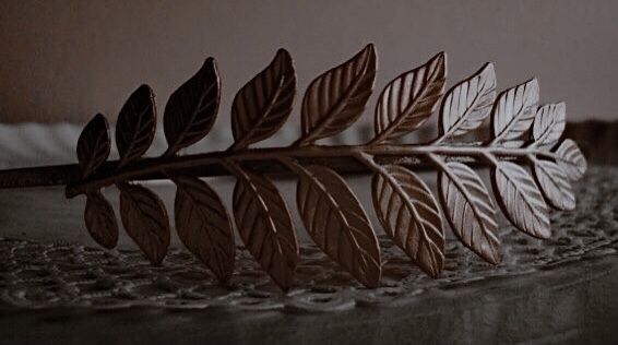 a close up of a metal object with leaves on it's end and one leaf resting on top of the other