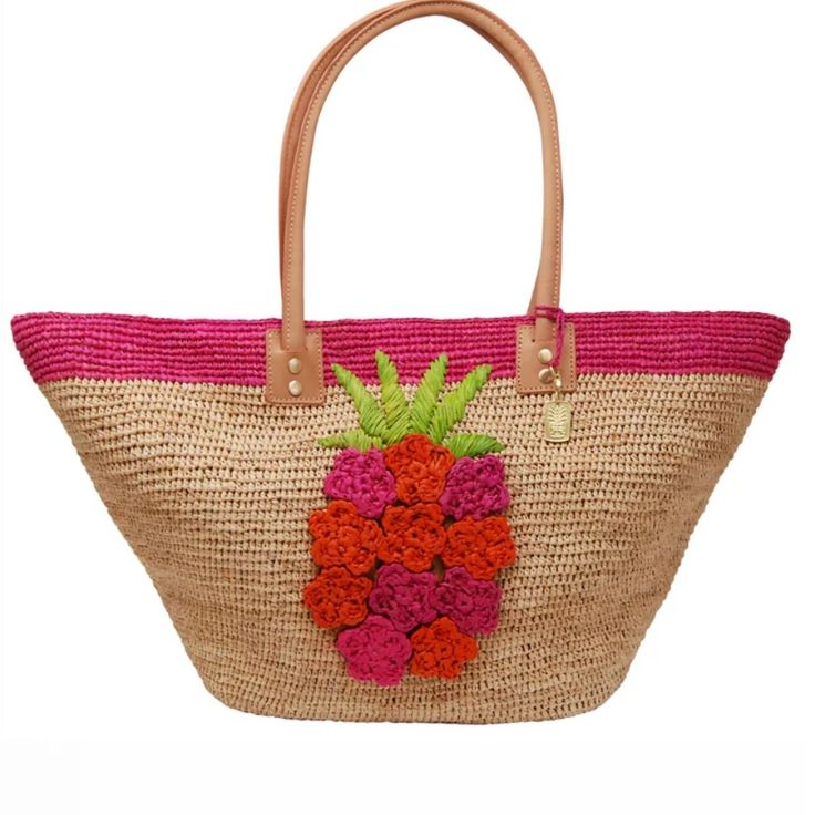 Tori Richards Women’s Woven Beach Bag With A Pink Pineapple And Leather Handle. New With Tags Originally $128 This Charming Pineapple Tote Is Brimming With Aloha Panache. Hand Crocheted From Natural Breezy Raffia, The Pineapple Motif Is Made Up Of Embroidered Flowers! A Little Smaller Than The Stripe Shopper, This Tote Is A Pure Delight To Own. Additional Details Include Natural Leather Trim, Our New Gold-Brushed Tori Richard Monogram Charm, A Magnetic Closure And 100% Full Cotton Lining. Get Re Pink Crochet Tote Bag With Handles, Tropical Style Shopping Bags For Summer, Pink Bucket Straw Bag With Braided Handles, Handmade Pink Crochet Bag For Vacation, Summer Crochet Shopping Bag In Pink, Pink Bucket Crochet Bag For Travel, Pink Crochet Bucket Bag For Travel, Pink Summer Crochet Bag For Shopping, Pink Crochet Bag For Summer Shopping