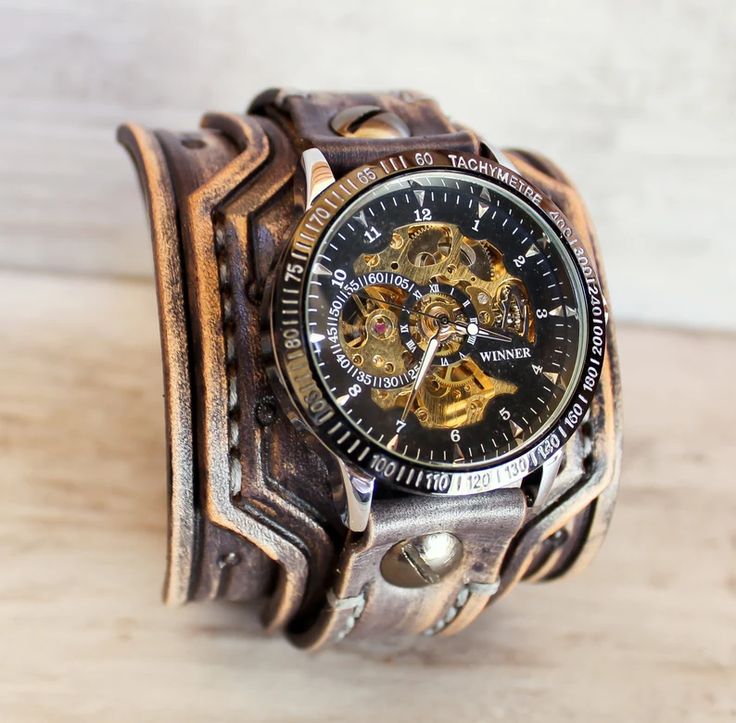 Steampunk Leather Strap Watch, Leather Steampunk Watches, Vintage Brown Watch For Outdoor, Steampunk Style Watch With Leather Strap As A Gift, Steampunk Watches With Leather Strap As Gift, Steampunk Adjustable Quartz Watch, Rugged Brown Leather Watches, Steampunk Leather Strap Watch Accessories, Brown Leather Cuff Watch