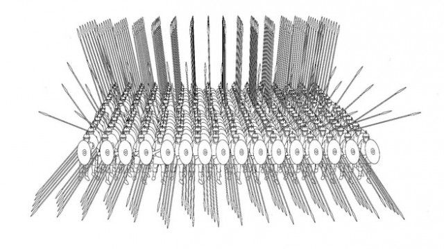 an assortment of needles are shown in black and white