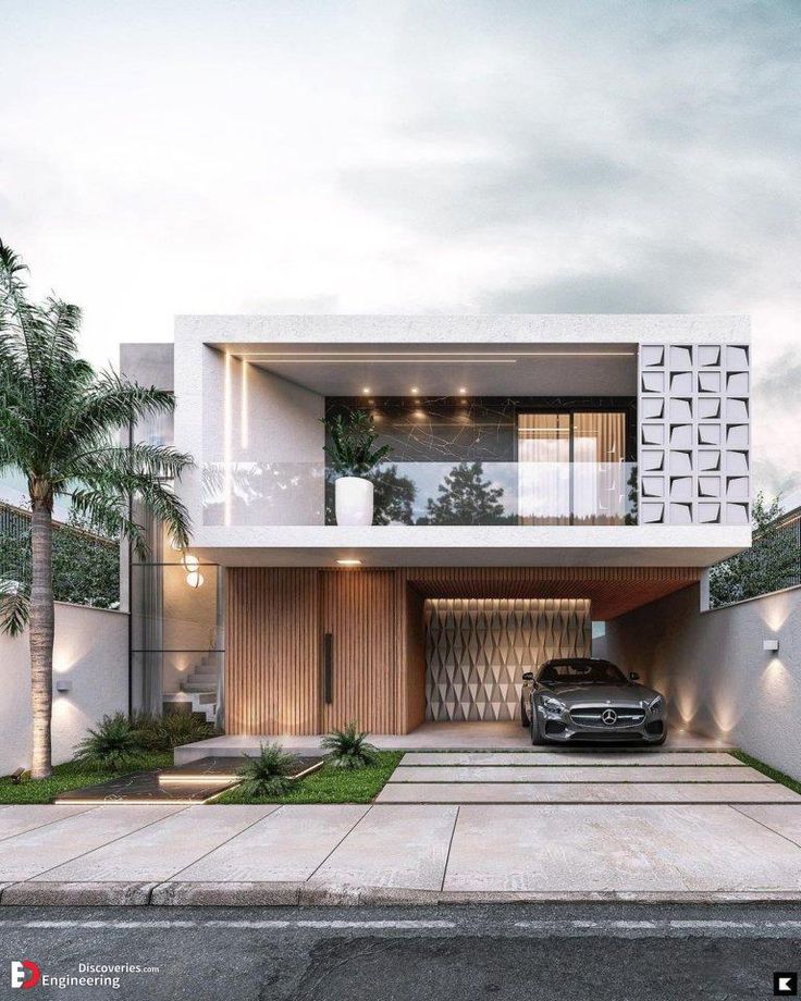 a car is parked in front of a modern house with palm trees on the side