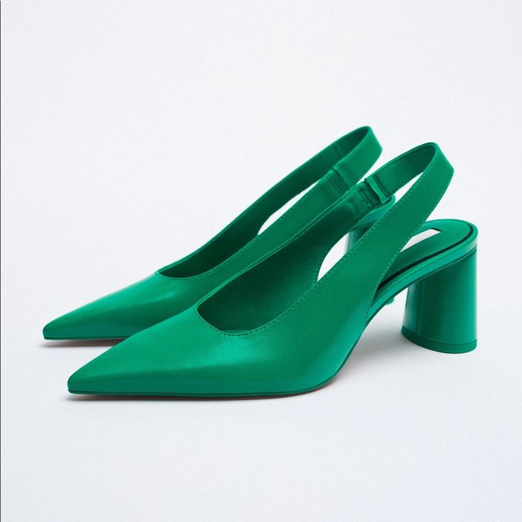 Genuine Zara New With Tag Material: Vegan Leather Color(S): Green Heel Height 3 Inches. Classic Lines, Popular Color Euro Sizes 6.5= 37, 8=39, 9= 40 Green Ankle Strap Slingback Pumps For Summer, Green Block Heel Slingback Pumps For Summer, Green Open Toe Slingback Pumps With 4-inch Heel, Green Slingback Pumps With Open Heel, Green Pointed Toe Slingback Pumps For Summer, Spring Workwear Slingback High Heel Pumps, Spring Workwear High Heel Slingback Pumps, Spring Workwear Slingback High Heels, Green Slingback Pumps With Ankle Strap