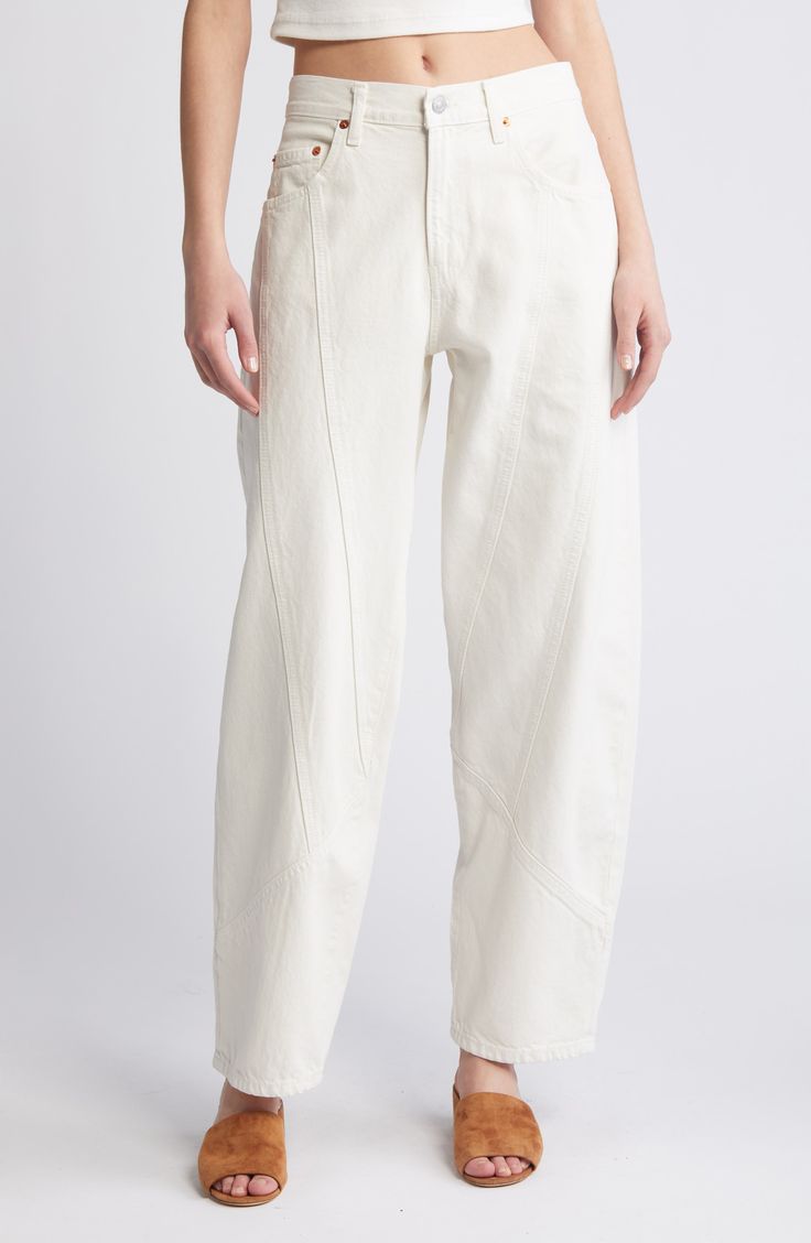 Hit refresh on white-jeans season with a with a sturdy, all-cotton denim pair turned out in a trending tapered silhouette with diagonal seaming. 30" inseam; 17" leg opening Zip fly with button closure Five-pocket style 100% cotton Machine wash, tumble dry Imported Spring Jeans With Seam Detailing And Tapered Leg, White Straight Leg Jeans With Contrast Stitching, Modern Jeans With Contrast Stitching For Spring, Modern Spring Jeans With Contrast Stitching, Spring Cotton Jeans With Seam Detailing, Chic Cotton Pants With Contrast Stitching, White Cotton Jeans With Standard Cut Leg, White Cotton Jeans Standard Cut, White Cotton Jeans With Standard Cut