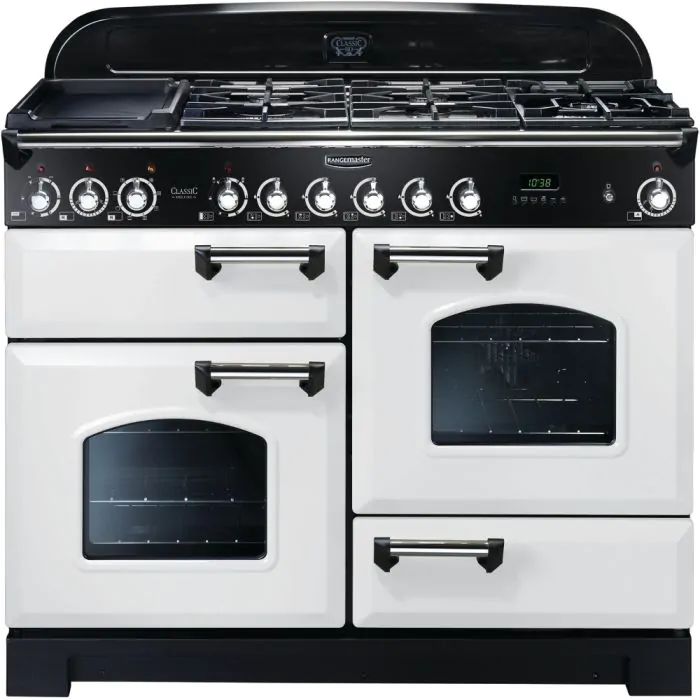 a white and black stove top oven with two burners on the front, and one door open