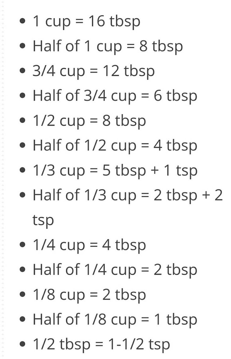 a table with numbers and times for each cup in the same column, including 1 / 2 cups