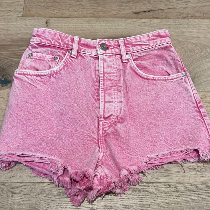 High Waisted Zara Jean Shorts Size 4 Never Worn Zara Cotton Bottoms With Built-in Shorts, Zara Bottoms With Built-in Shorts, Pink Short Bottoms With Belt Loops, Pink Shorts With Belt Loops, Pink Short Leg Bottoms For Spring, Pink Short-leg Bottoms For Spring, Spring Pink Bottoms With Belt Loops, Pink Spring Shorts, High-rise Summer Pants With Built-in Shorts