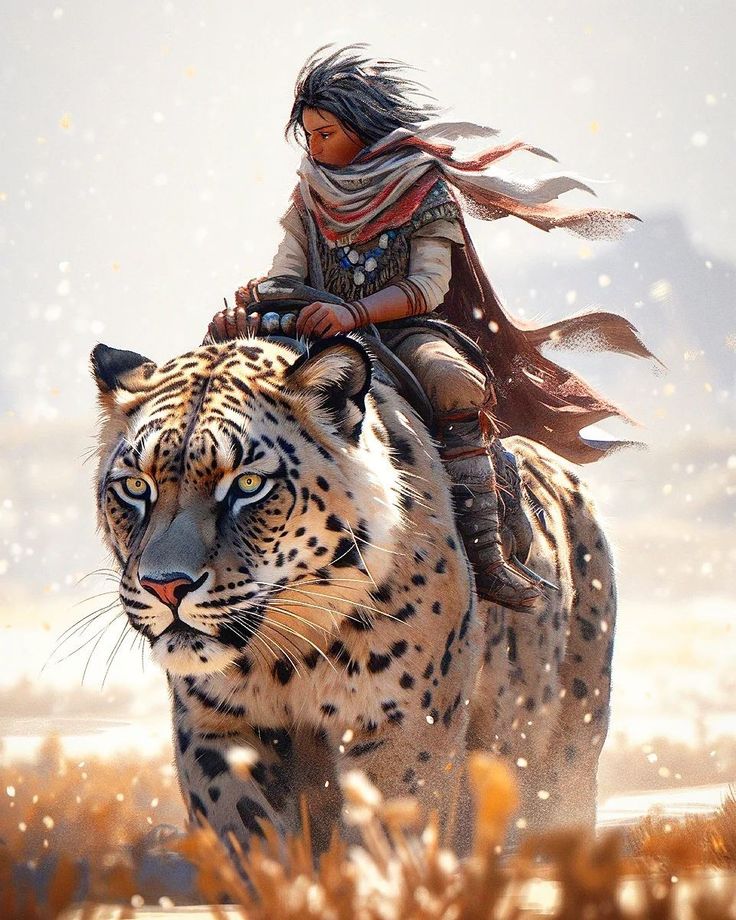 a woman riding on the back of a snow leopard