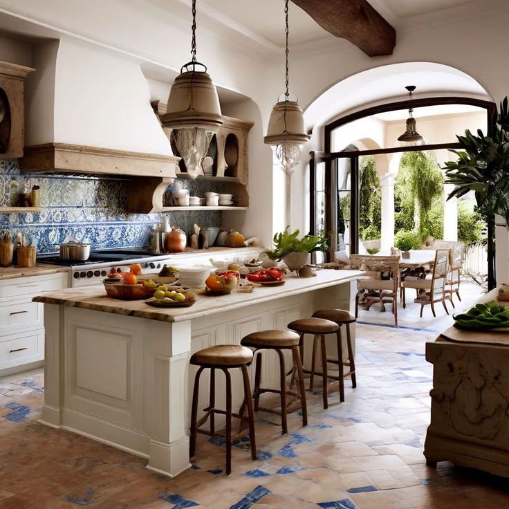 a kitchen filled with lots of counter top space next to a dining room table and chairs