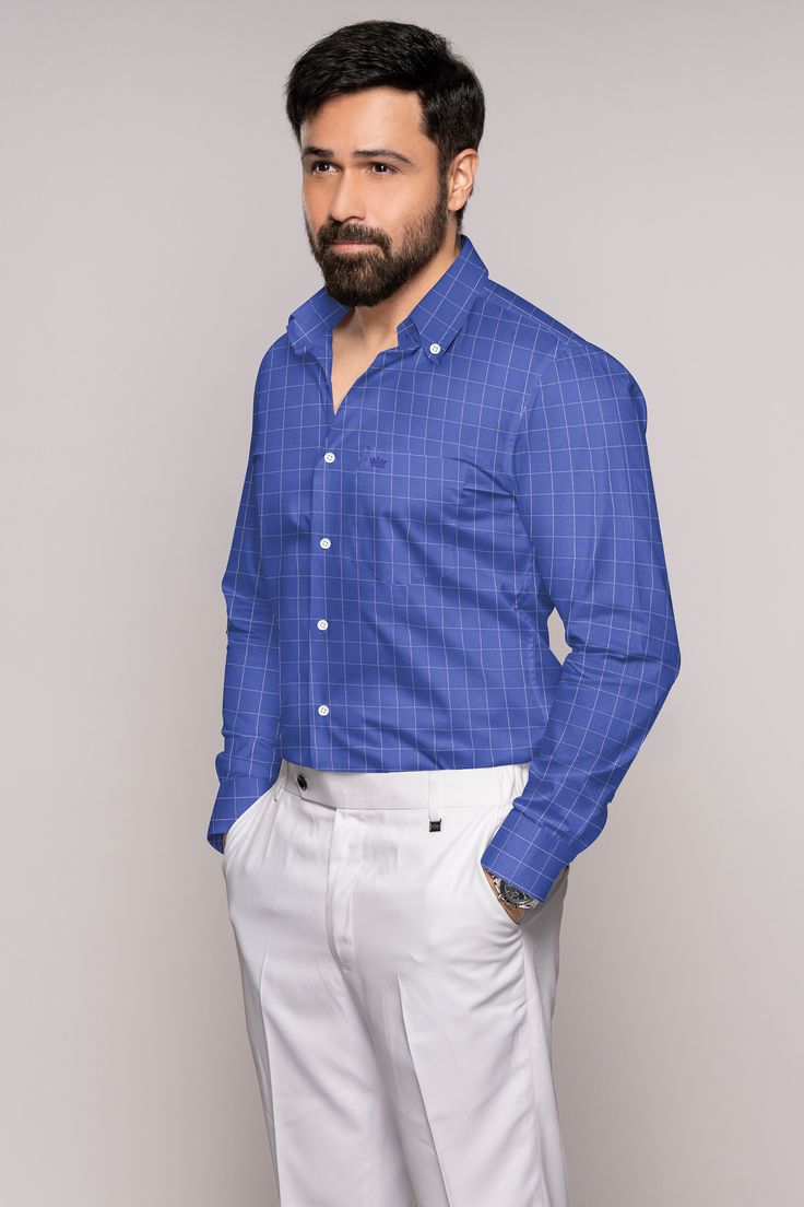 Dive into style with our Cerulean Blue Windowpane Dobby Textured Premium Giza Cotton Shirt. Elevate your wardrobe game with this chic and comfortable piece. Perfect for any occasion, it's time to make a statement in fashion! Fused collar and cuffs, collar stand and flat felled side seams provide structure and stability to all our shirts. 100 % Premium Giza Cotton: Long staple, smother, resistant to pilling, greater resistance to abrasion and stretching, brighter and more precisely defined with a Dobby Weave, Cerulean Blue, Formal Casual, Blue Check, Shoulder Shirts, Giza, Oxford Shirt, Collar And Cuff, Full Sleeve