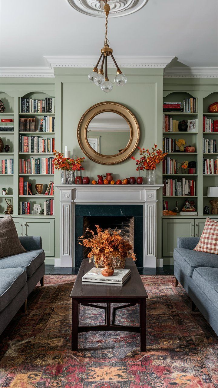 a living room filled with furniture and a fire place in front of a bookshelf