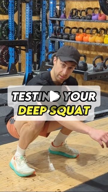 a man squats on the ground in front of a racket with text that reads testin your deep squat