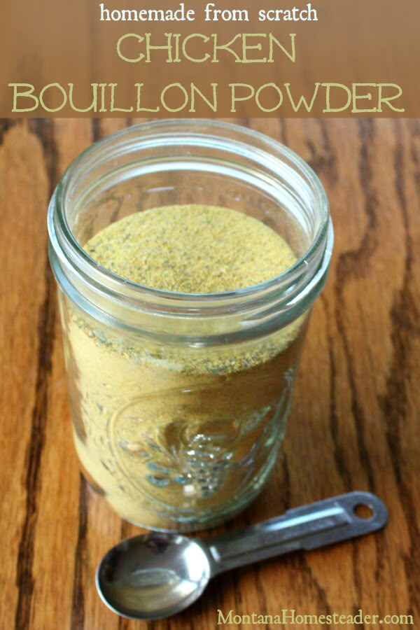 homemade chicken bouilon powder in a mason jar with spoon on the wooden table