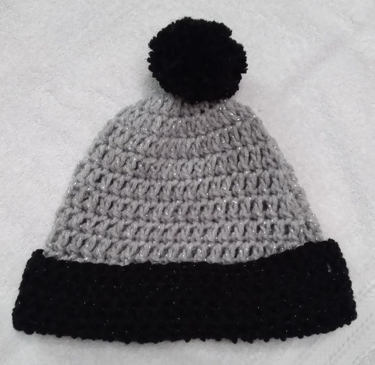 Crocheted Hat/Beanie Black and Light Gray Sparkle with Black Pom Handmade Black Mini Hats For Winter, Handmade Black Mini Winter Hats, Bonnet Au Crochet, Crocheted Hat, Bonnet Crochet, Beanie Black, Hat Beanie, Jan 11, Skull Cap Beanie