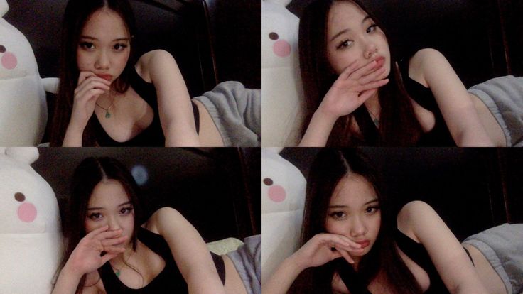 four pictures of a woman laying in bed next to a stuffed animal and posing for the camera