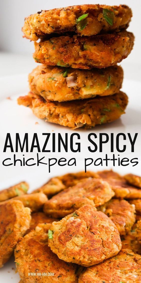 some crab cakes stacked on top of each other with the words amazing spicy chicken pea patties