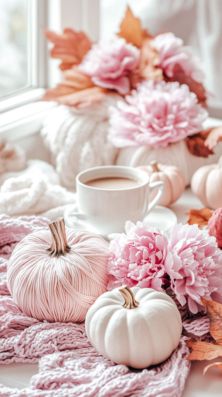 a cup of coffee sits on a pink blanket next to white pumpkins and peonies