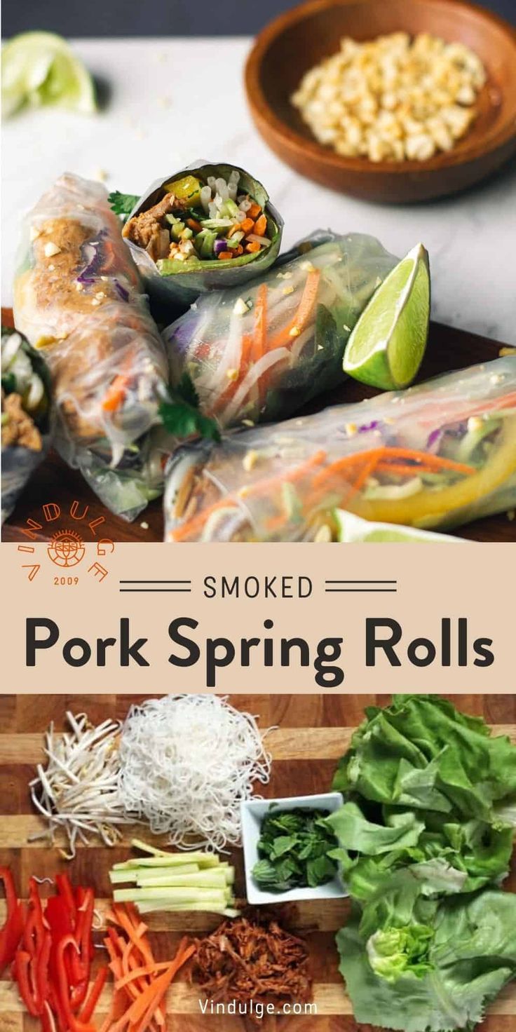 pork spring rolls on a cutting board with vegetables