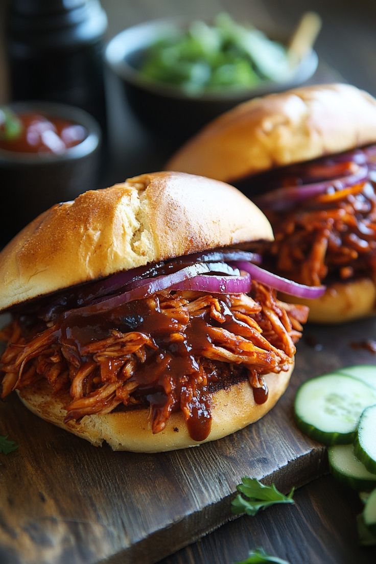 Pulled BBQ chicken sandwiches with red onion slices and a side of cucumber slices. Bbq Jackfruit Recipes, Jack Fruit Pulled Pork, Avocado Slaw, Ripe Jackfruit, Jackfruit Pulled Pork, Tips For Meal Prepping, Pulled Jackfruit, Bbq Sliders, Jackfruit Sandwich