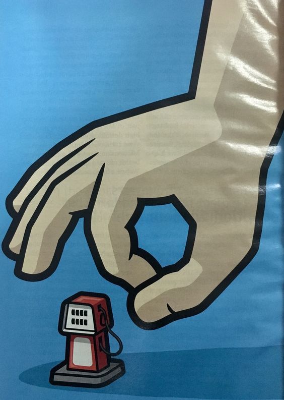 a painting of a hand reaching for a red and white gas pump on a blue background