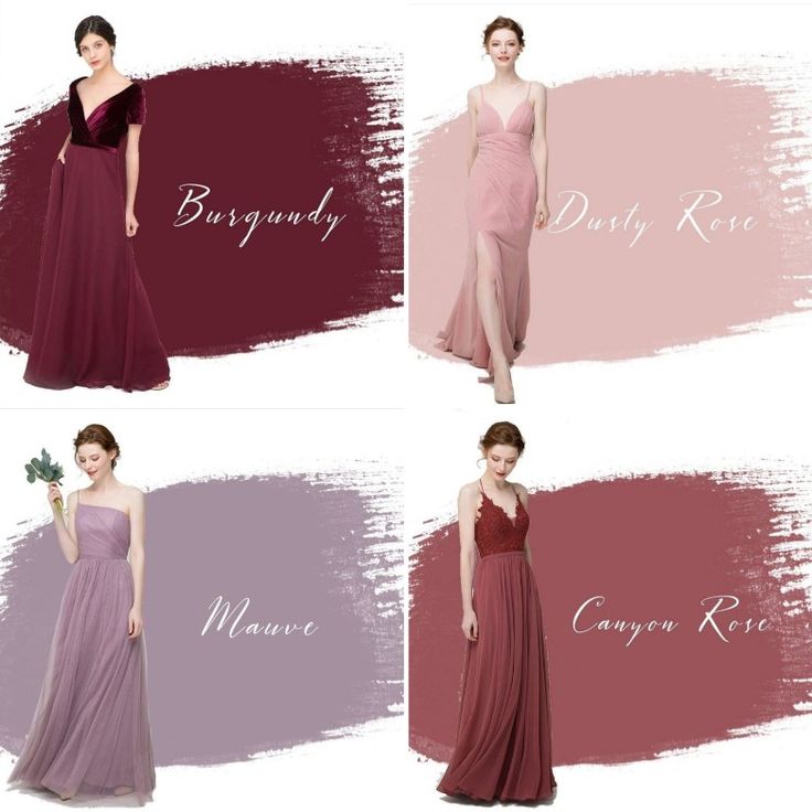 four bridesmaid dresses with different colors and names on the front, side, and back