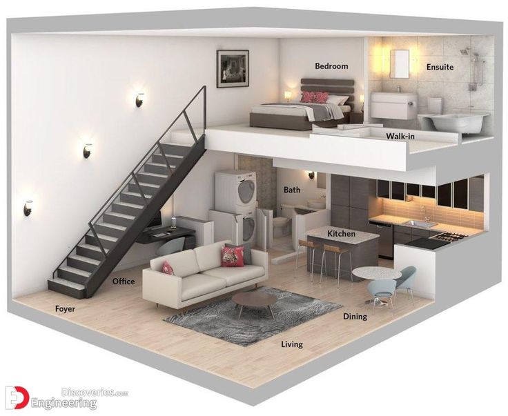 an open floor plan with stairs leading up to the bedroom and living room, dining area