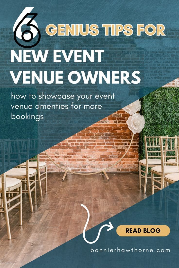 an event venue with wooden chairs and brick walls, text reads 6 genius tips for new event venue owners