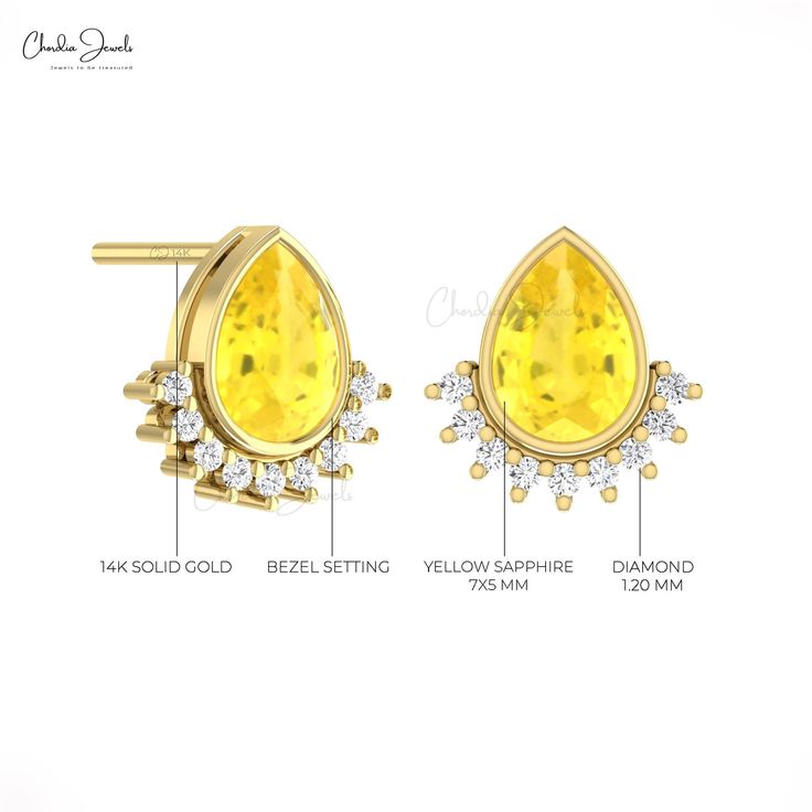 Description Discover elegance with these Pear Yellow Sapphire Gemstone Push Back Stud Earrings. Crafted in 14k Solid Gold, each stud features a bezel-set diamond for added sparkle. Perfect for celebrating milestones, these earrings make an exquisite anniversary gift. Product Details SKU CJ-E-1781-YS Product dimension 10mm x 9.8mm Metal 14K Solid Gold Birthstone September Yellow Sapphire Details Size 7x5mm Quality AAA Pieces 2 Weight 1.8 carats Stone setting Bezel Enhancement Heated Diamond Detai Yellow Gold Diamond Earrings With Birthstone, Diamond Birthstone Earrings For Anniversary, Bezel Set Diamond, Stone Setting, Gift Product, Yellow Sapphire, Sapphire Gemstone, Stone Settings, Bezel Setting