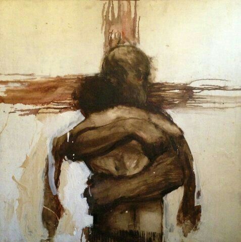 a painting of a person standing in front of a cross with their arms around each other