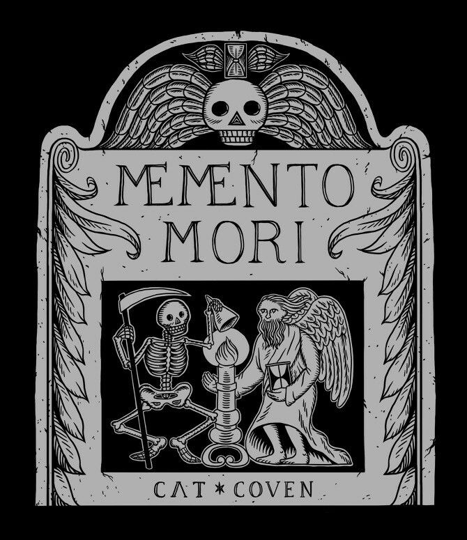 a black and white photo of a sign that says mementoo mori cat coven