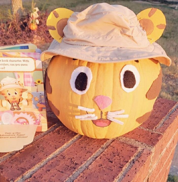 a cat pumpkin with a hat on top of it next to a children's book