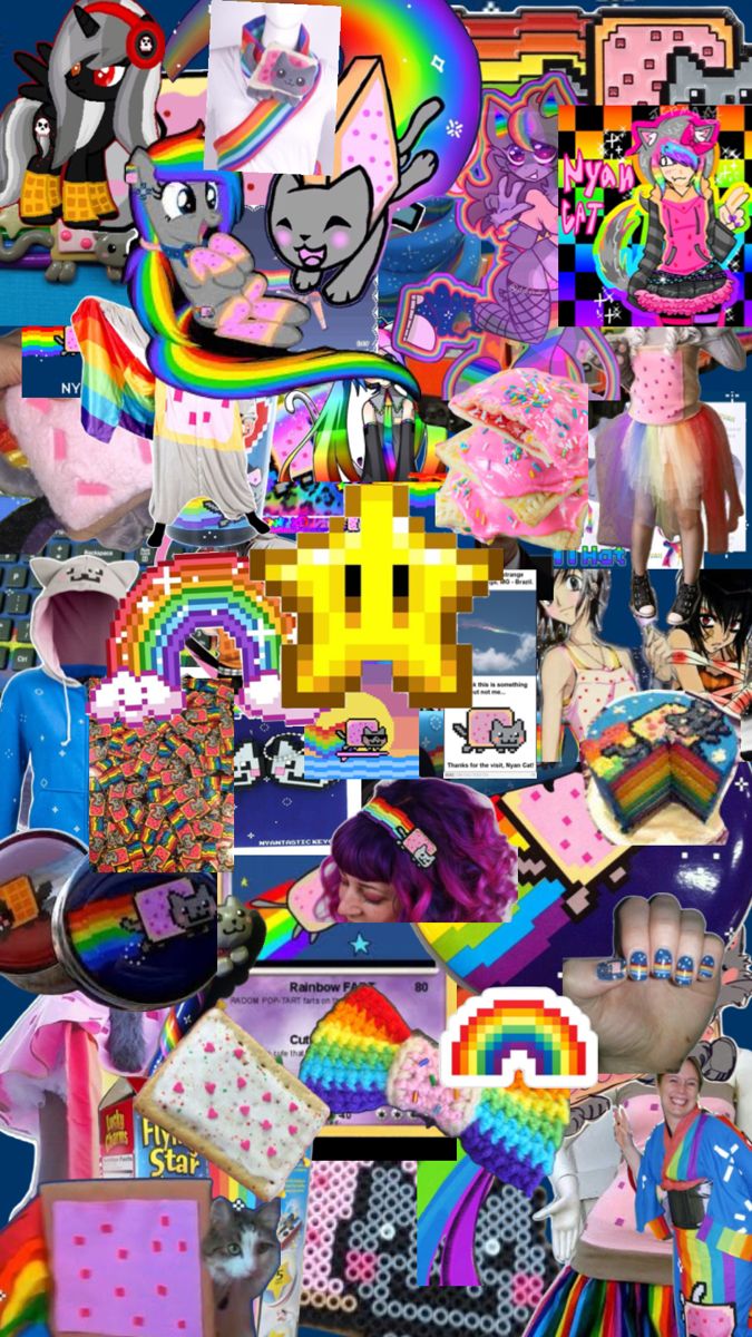 a collage of photos with many different things on it, including rainbows and cats