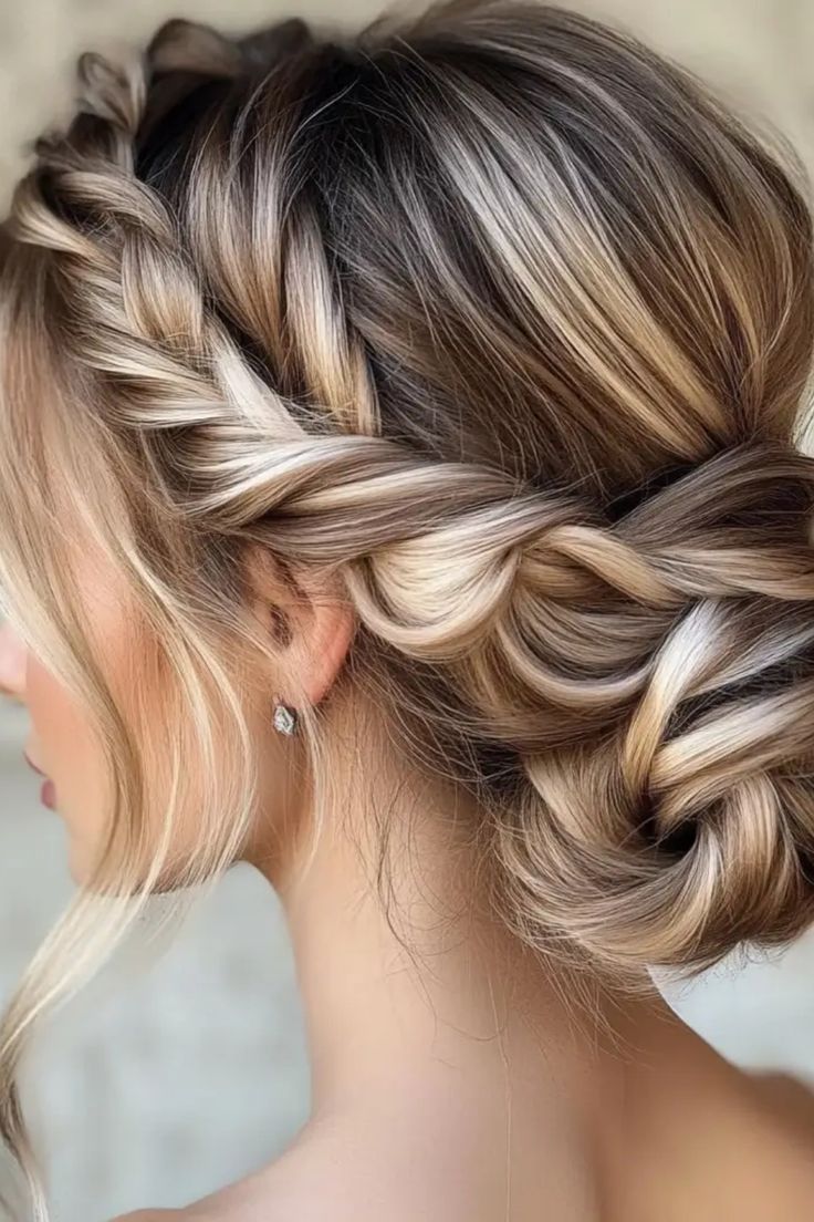 Braided updo hairstyle with blonde highlights. Updos For Bridesmaids With Braids, Upstyle Bridesmaid Hair, Bridesmaid Hairstyles 2024 Trends, Hair Up Bridesmaid Styles, Bridal Updo Ponytail, Formal Hairstyles Updo Elegant, Wedding Day Updo, Braided Up Do Hairstyles, Wedding Hair Styles Medium Hair