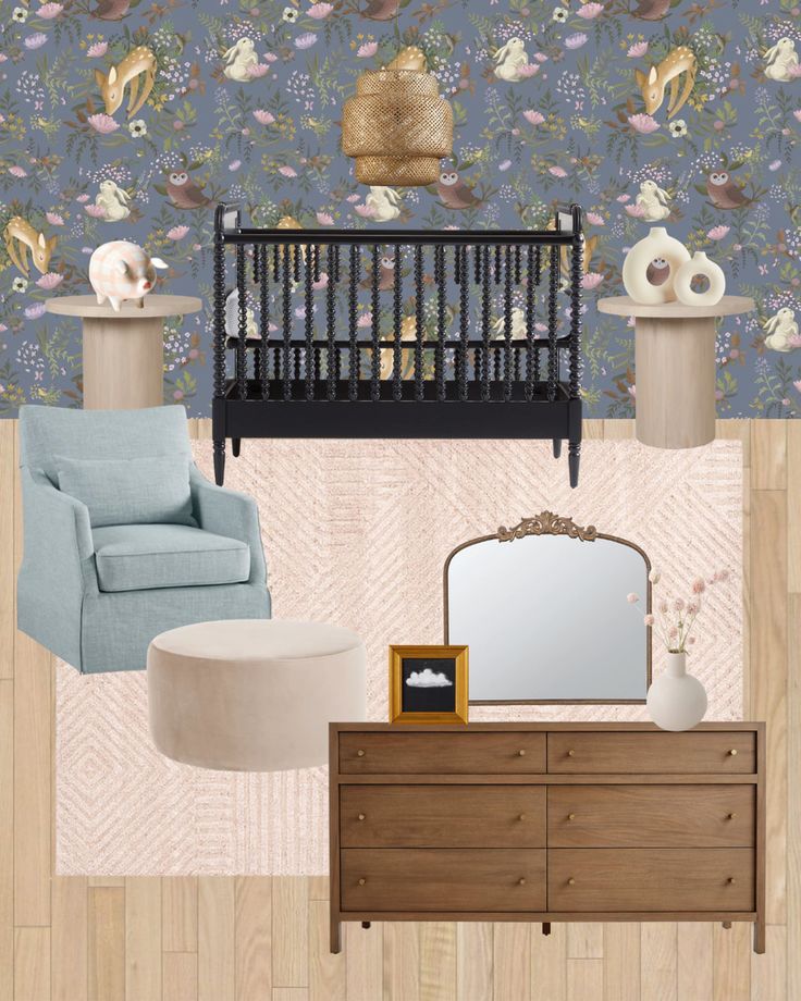 a baby's room with blue and pink wallpaper, a crib, chair, dresser, mirror and other items